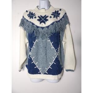 American Weekend Sweater Medium Knit 3D Vintage White Blue 80s Art